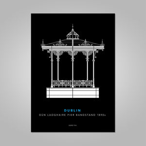 Dún Laoghaire Bandstand white line drawing on black background unframed print, A4 and A3; or A4 framed in white frame.