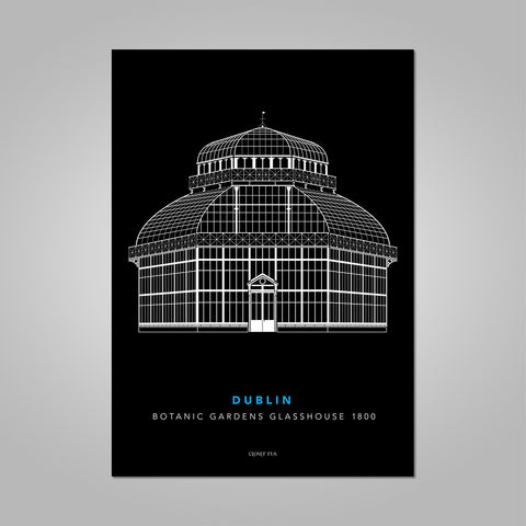 The Botanic Gardens Glasshouse white line drawing on black background unframed print, A4 and A3; or A4 framed in white frame.
