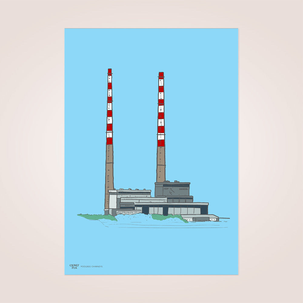 Poolbeg Chimneys Print, Colour on Blue