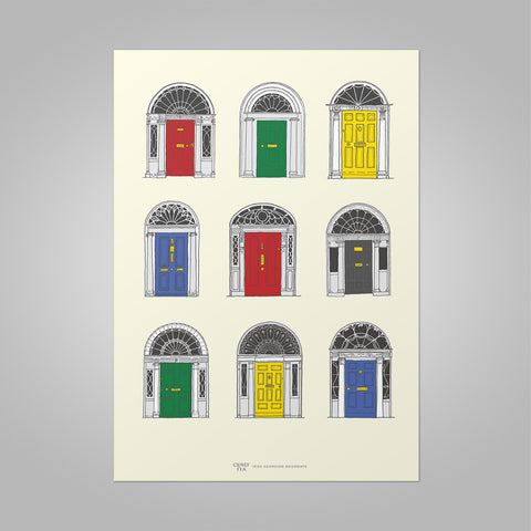 Irish Georgian Doorways, primary colours, unframed print, A4 and A3; or A4 framed in black frame.
