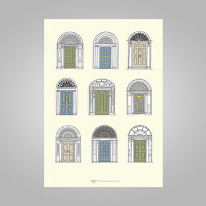 Irish Georgian Doorways, pastel colours, unframed print, A4 and A3; or A4 framed in black frame.