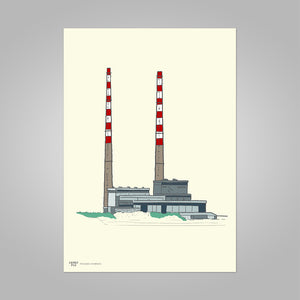 Poolbeg Chimneys colour on cream, unframed print, A4 and A3; or A4 framed in black frame.