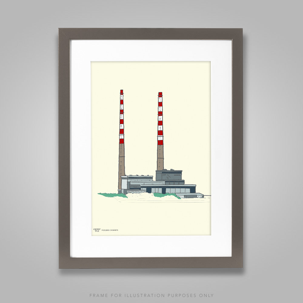 For illustration purposes only - Poolbeg Chimneys colour on cream A4 print, framed with mount in 300mm x 400mm black frame.