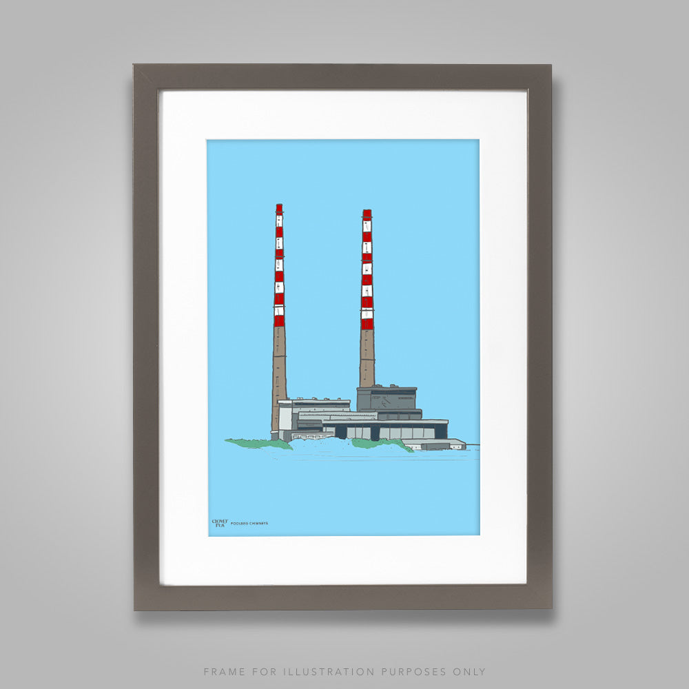 For illustration purposes only - Poolbeg Chimneys, colour on blue A4 print, framed with mount in 300mm x 400mm black frame.
