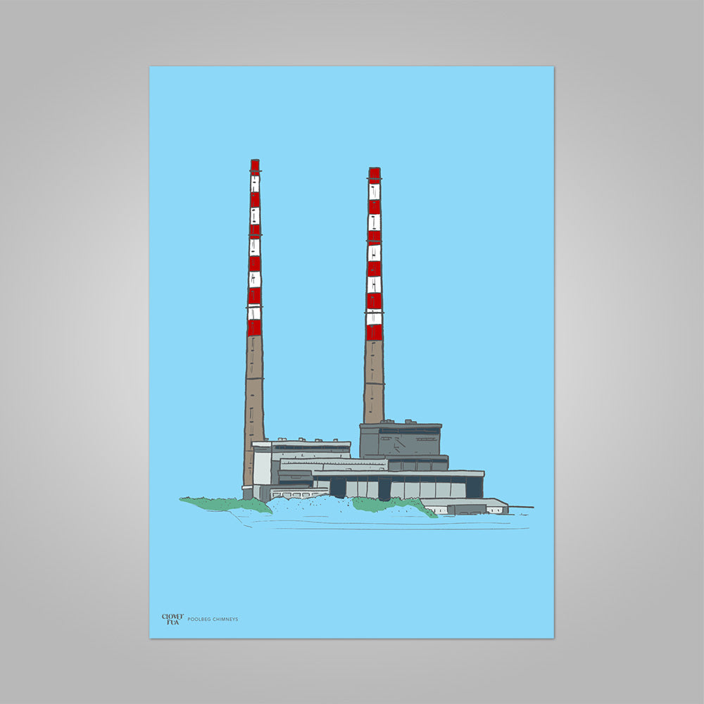 Poolbeg Chimneys colour on blue, unframed print, A4 and A3; or A4 framed in black frame.
