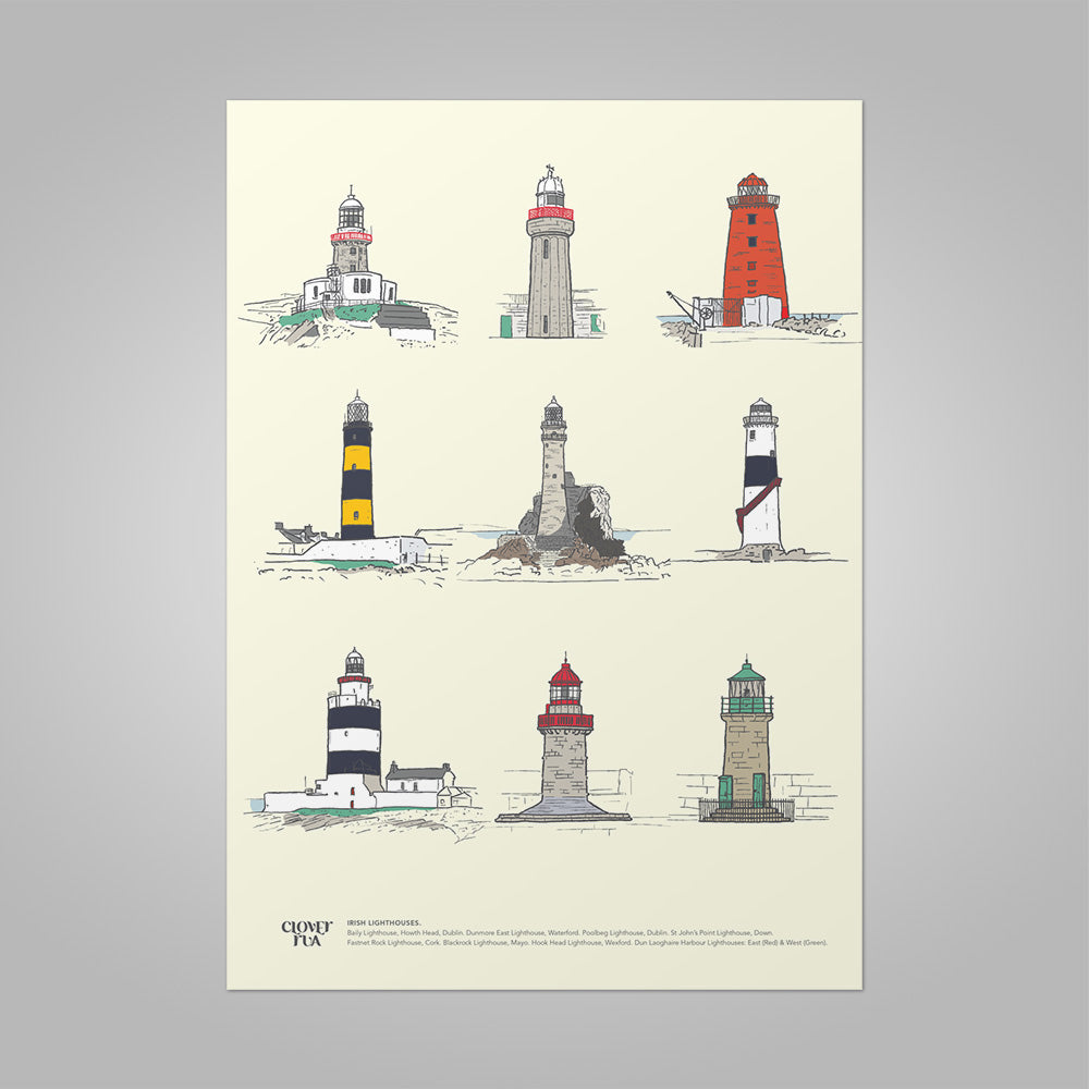 Irish Lighthouses unframed print, A4 and A3; or A4 framed in black frame.