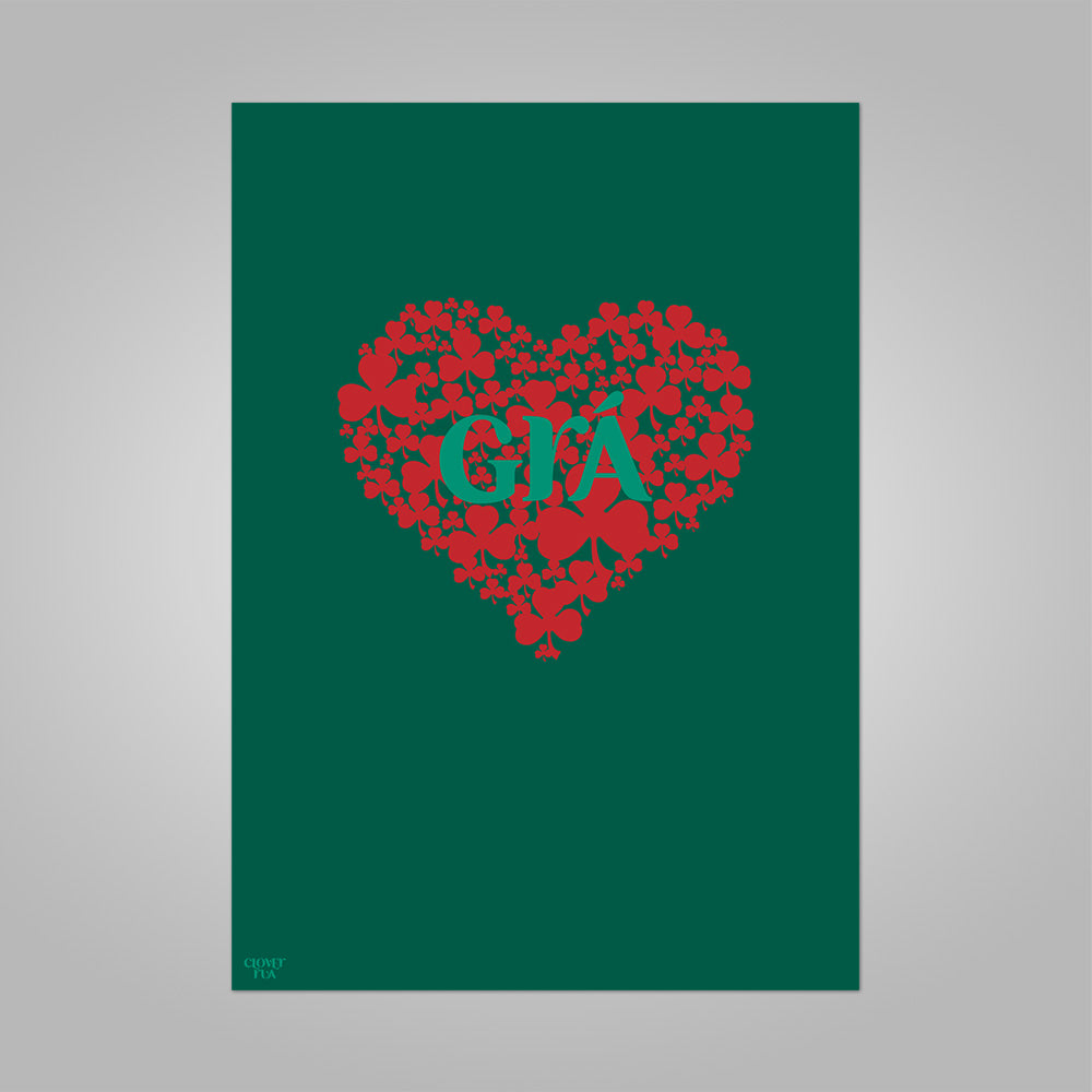 Gra (Irish for love), red shamrock heart on green background, unframed print, A4 and A3; or A4 framed in black frame.