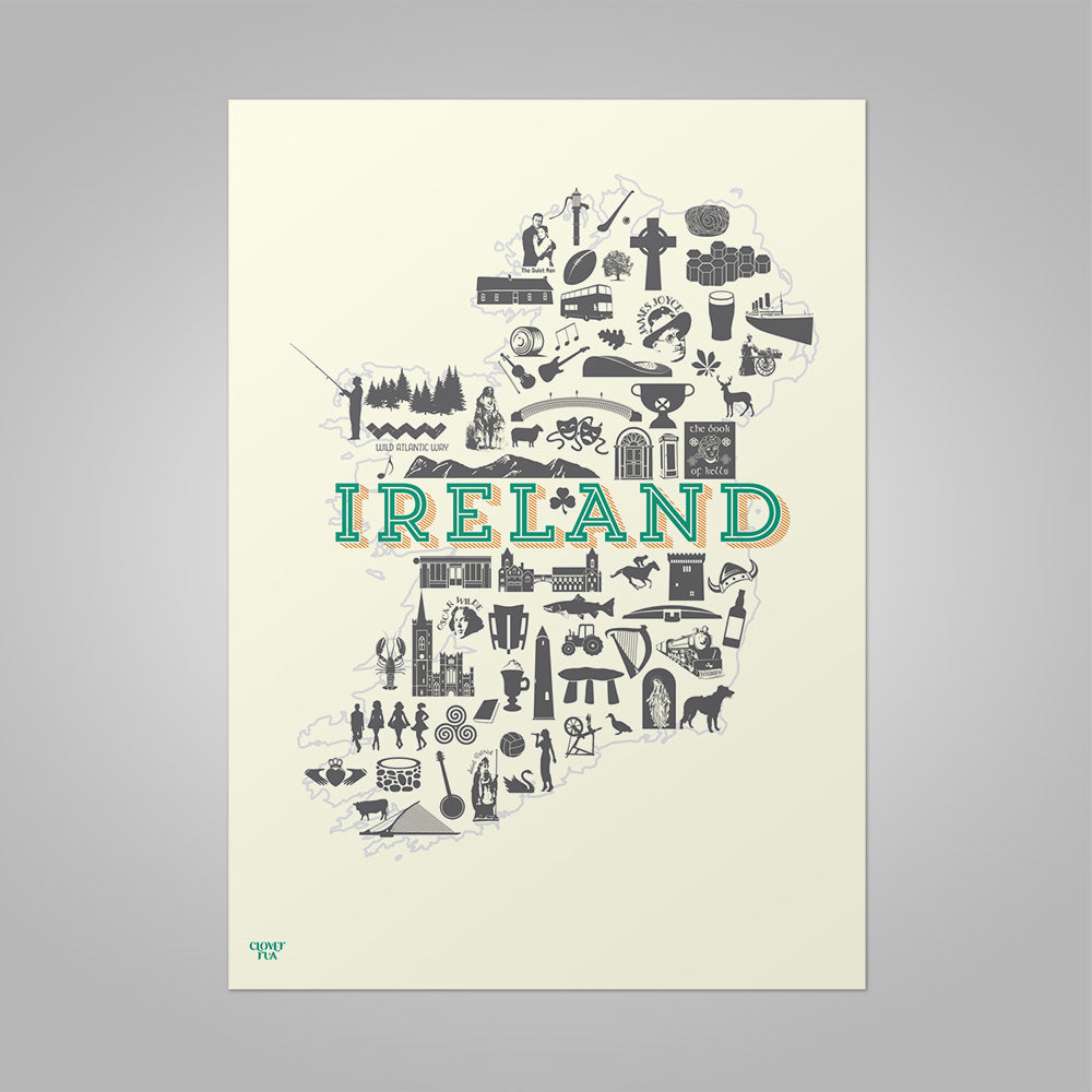 Ireland Icons unframed print, A4 and A3; or A4 framed in black frame.