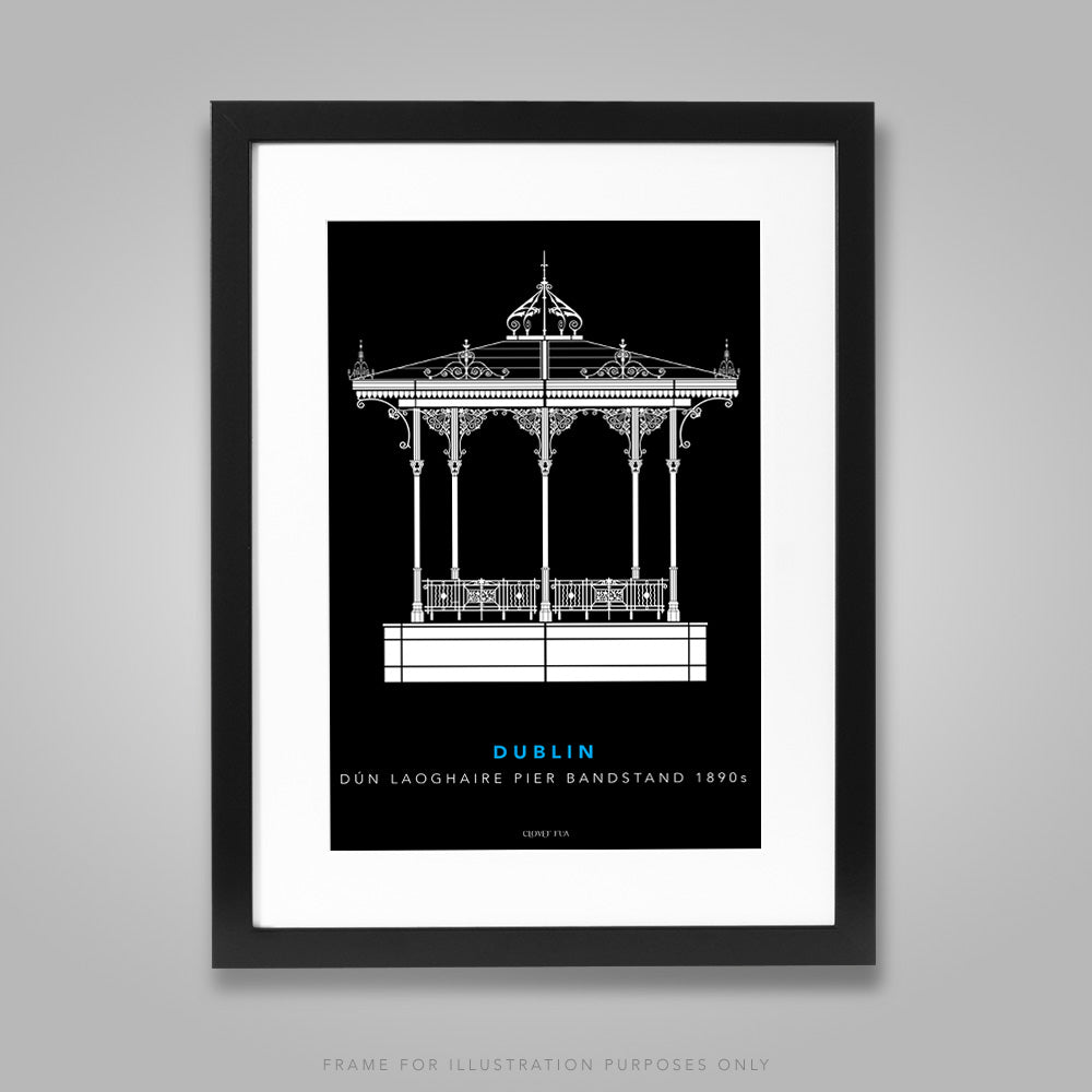 For illustration purposes only - Dún Laoghaire Bandstand white line drawing on black background A4 print, framed with mount in 300mm x 400mm black frame.