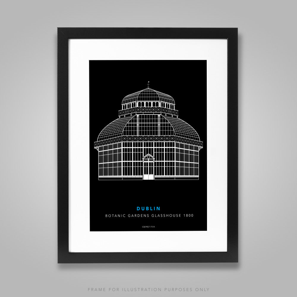 For illustration purposes only - The Botanic Gardens Glasshouse white line drawing on black background A4 print, framed with mount in 300mm x 400mm black frame.