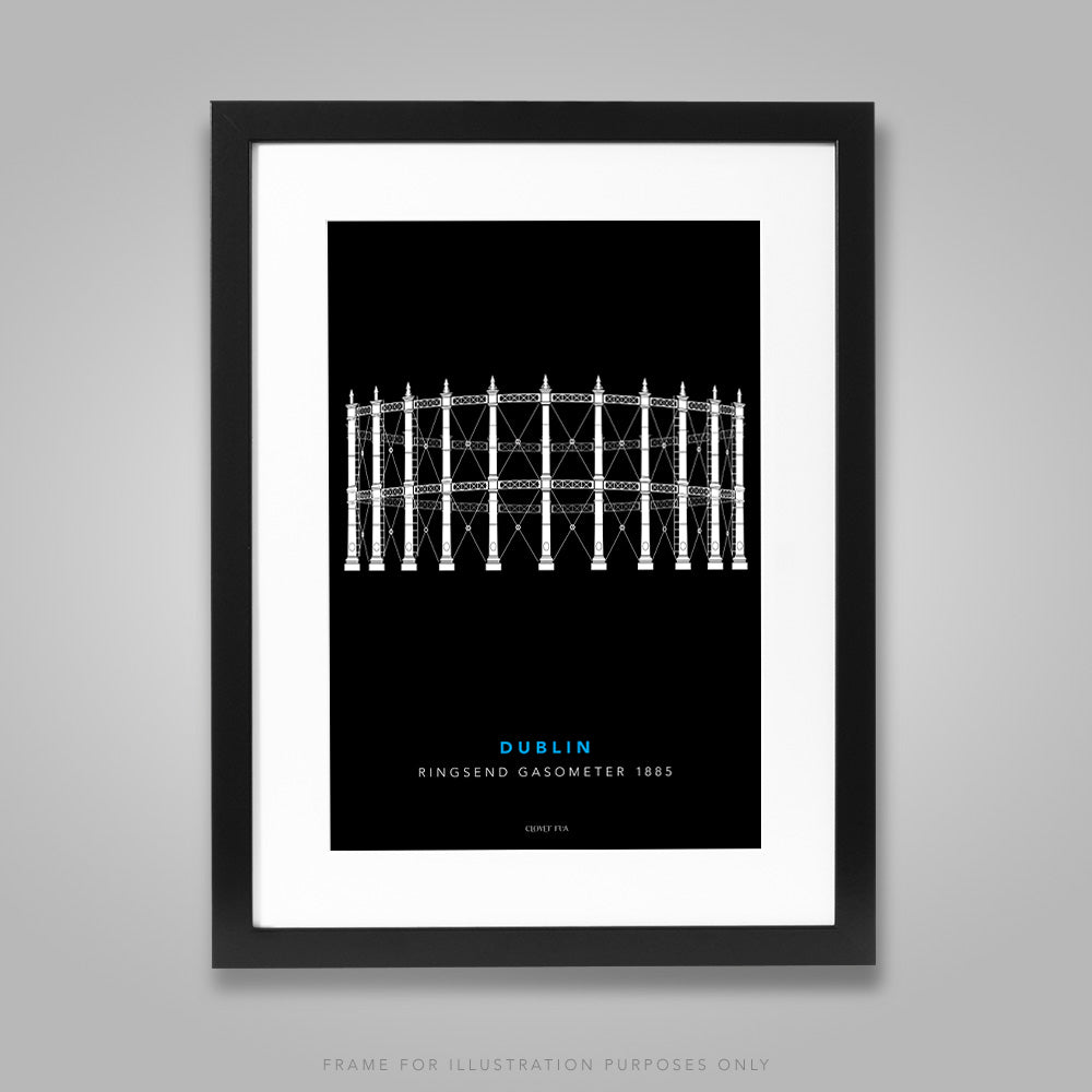For illustration purposes only - The Ringsend Gasometer white line drawing on black background A4 print, framed with mount in 300mm x 400mm black frame.