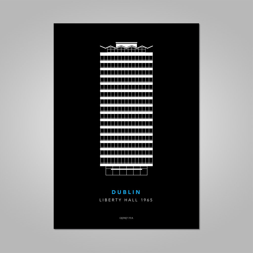 Liberty Hall white line drawing on black background unframed print, A4 and A3; or A4 framed in white frame.