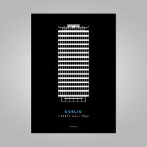Liberty Hall white line drawing on black background unframed print, A4 and A3; or A4 framed in white frame.