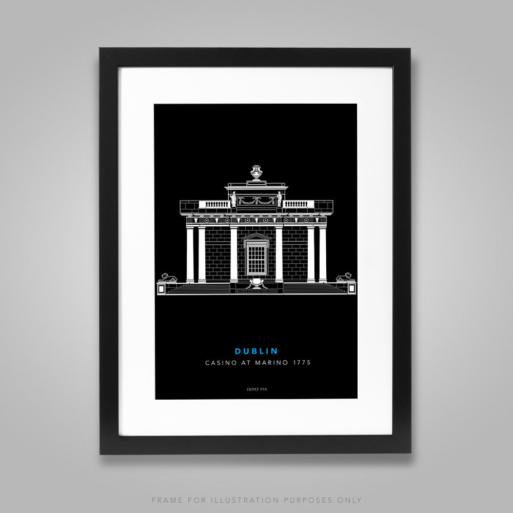 For illustration purposes only - The Casino at Marino white line drawing on black background A4 print, framed with mount in 300mm x 400mm black frame.