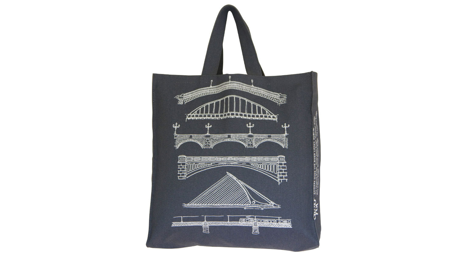 Dublin Bridges tote bag, white print on charcoal.